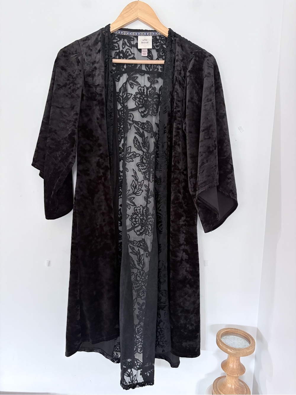 KNOX ROSE XS/S Black Velvet Floral Burnout Kimono Duster Boho Fairy Goth EUC